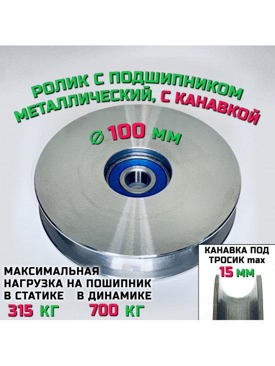 Ролик-шкив с подшипником диаметр 100х12 мм с канавкой 15 мм монтажный, ROL100 металлический
